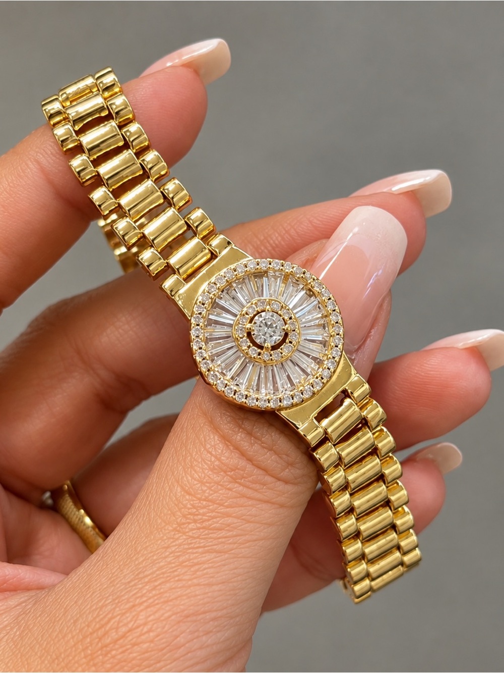 14K Gold Plated Rhodium Zircon Baguette Watch Style Adjustable Bracelet